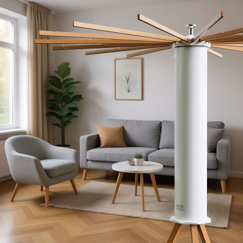 The Fjordliving SmartRack drying rack in a living room. An interior piece